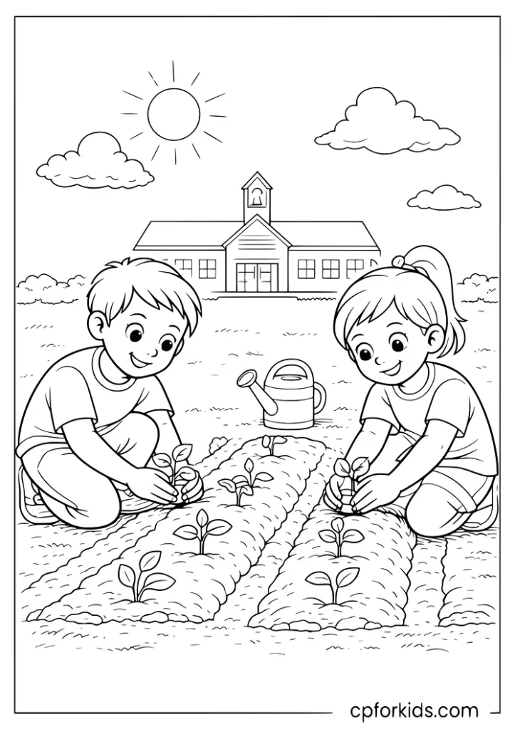 Nutrition month school garden coloring page with kids planting vegetables
