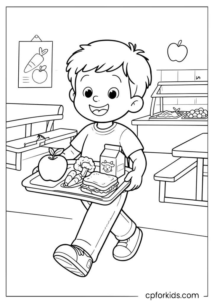 Nutrition month school lunch coloring page with a child carrying a healthy tray