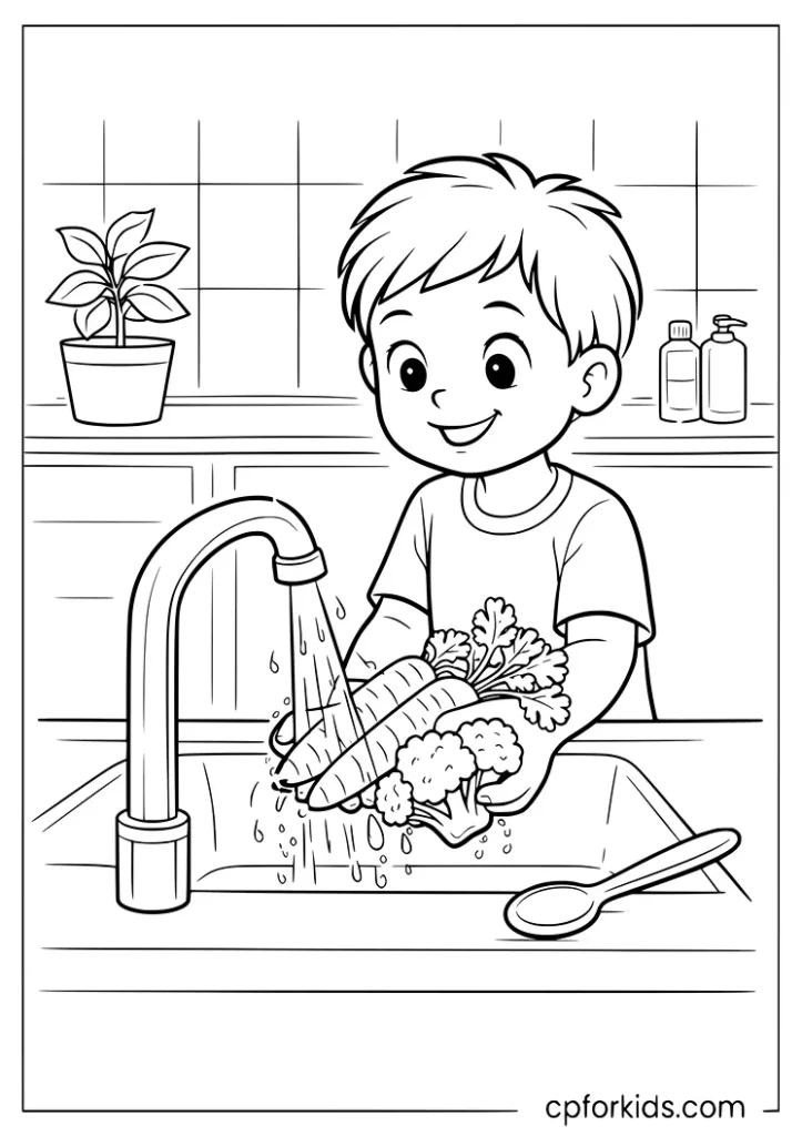 Nutrition month coloring page with a child washing vegetables at a kitchen sink