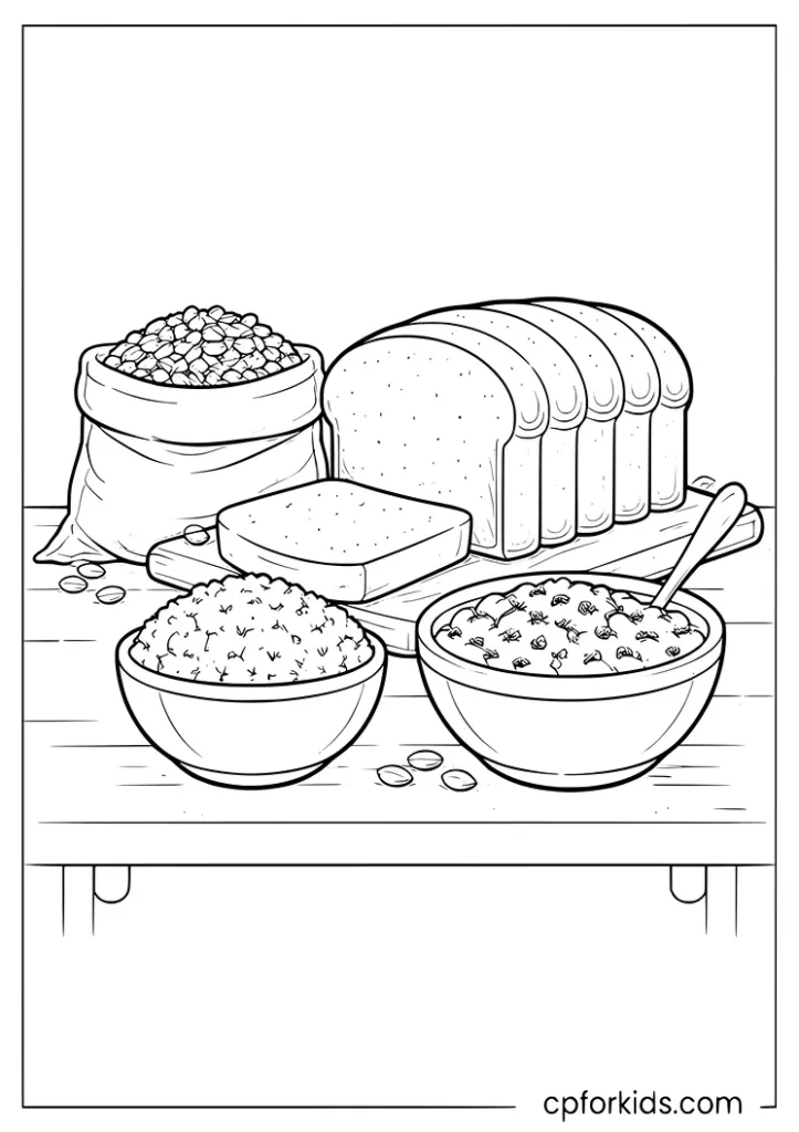 Nutrition month whole grains coloring page with bread rice and oatmeal