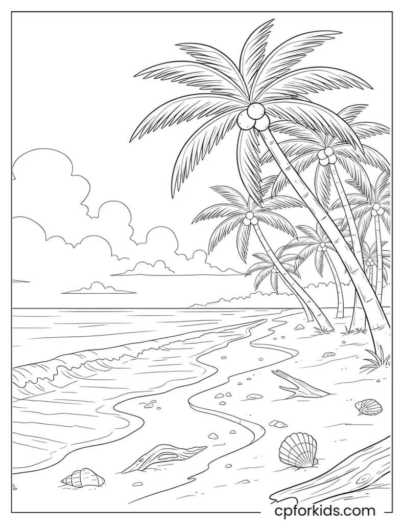 Ocean and beach landscape coloring pages featuring waves, shoreline, and coastal scenery.