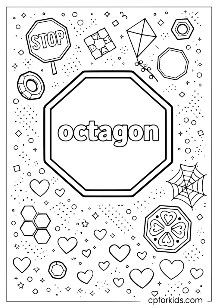 Octagon shape coloring page with large octagon and mini octagon objects all around for kids
