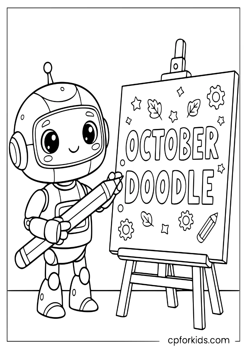 A robot drawing October Doodle lettering and fall icons on an easel