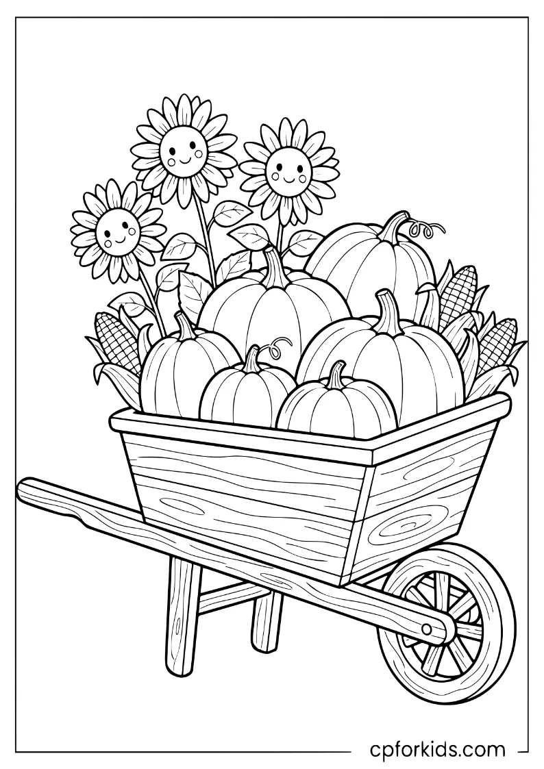 A wooden wheelbarrow filled with pumpkins, sunflowers, and corn for the October harvest