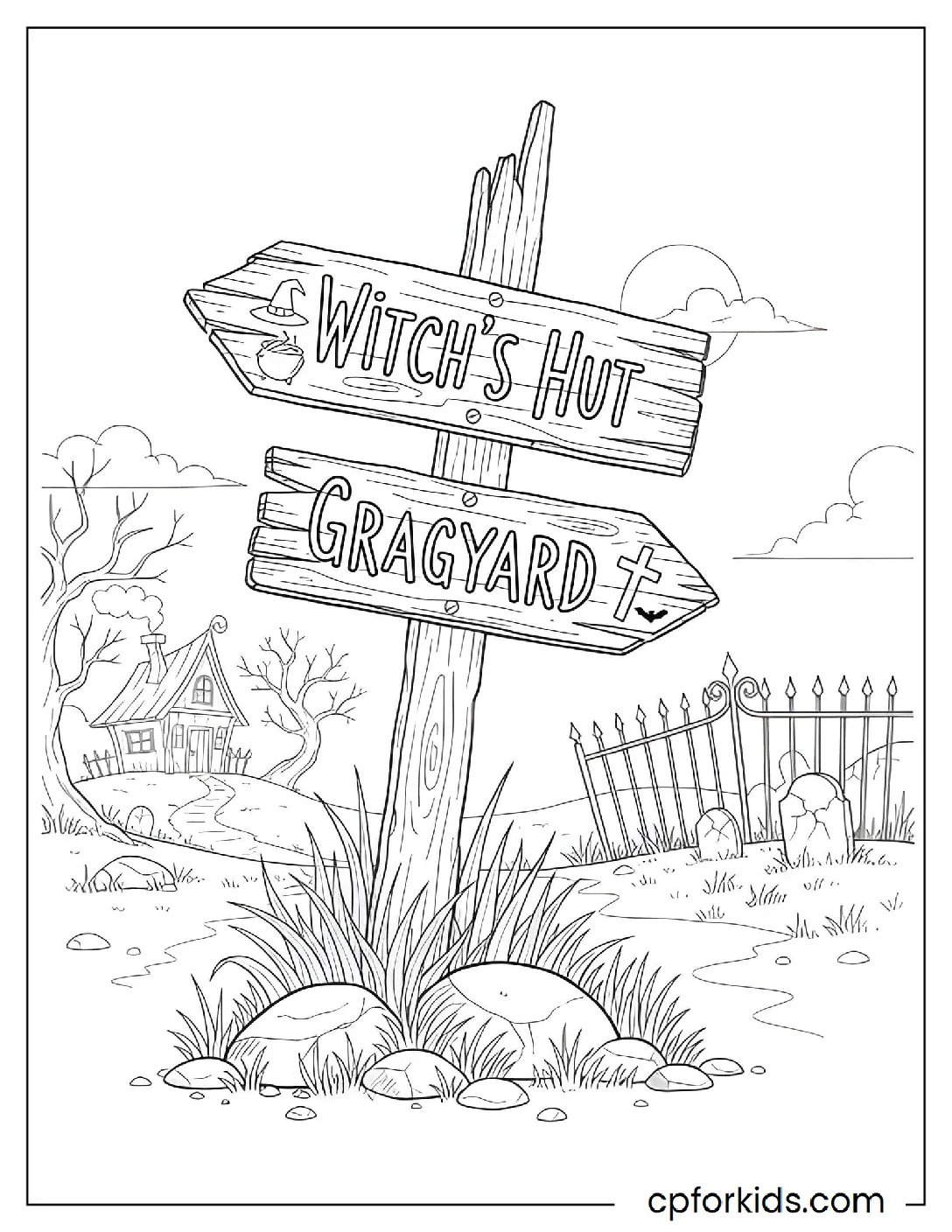 Broken signpost pointing to a graveyard