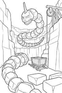Onix winding between quarry walls beside a mine cart