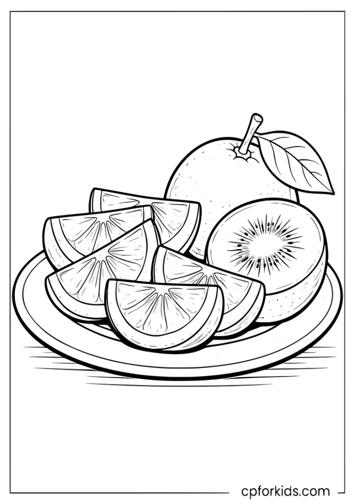 Orange slices on a plate coloring page