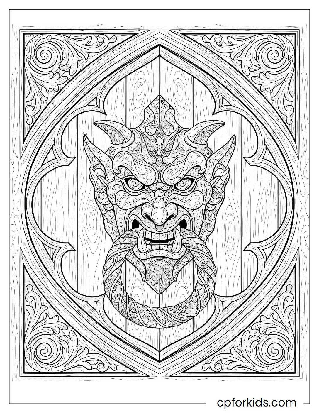 Gargoyle face carved into a door knocker