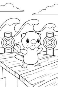 Oshawott practicing with its shell on a wooden training dock
