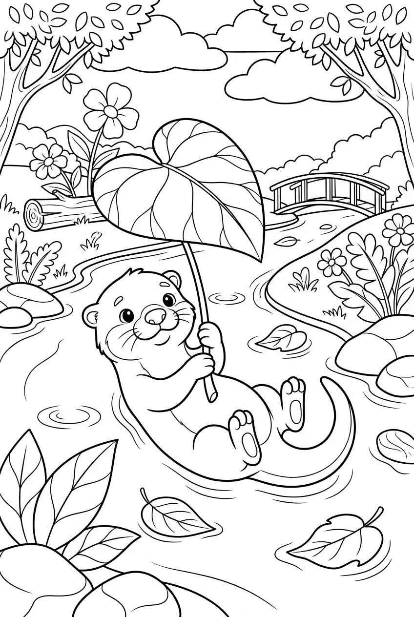Otter Floating With a Leaf Umbrella