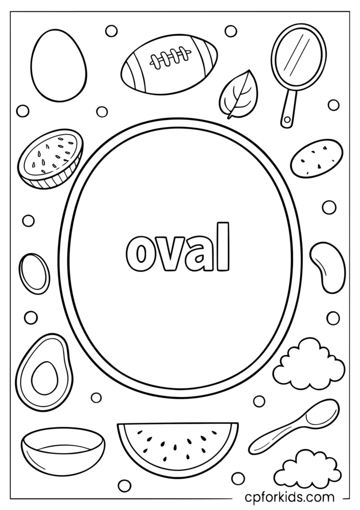 Oval shape coloring page with large oval and mini oval objects all around for kids