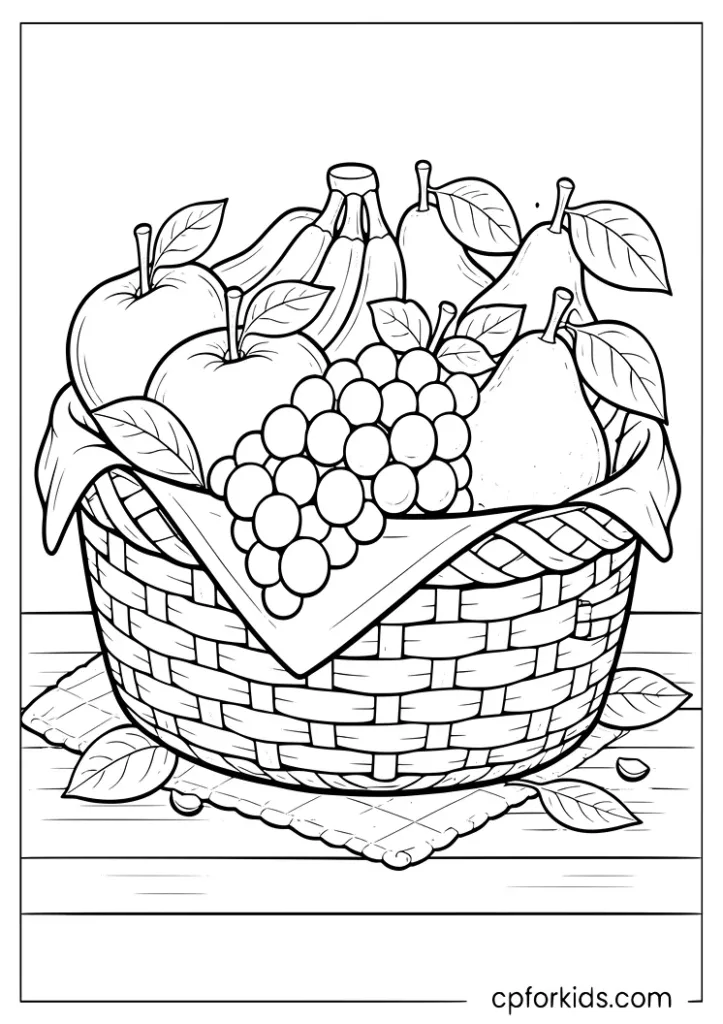 Overflowing fruit basket on a picnic table coloring page
