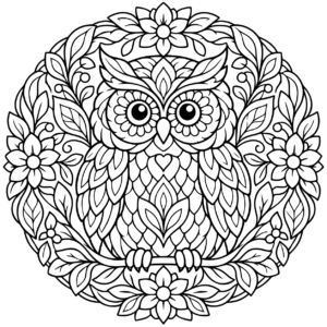 Symmetrical owl surrounded by patterned feathers and leafy ornaments