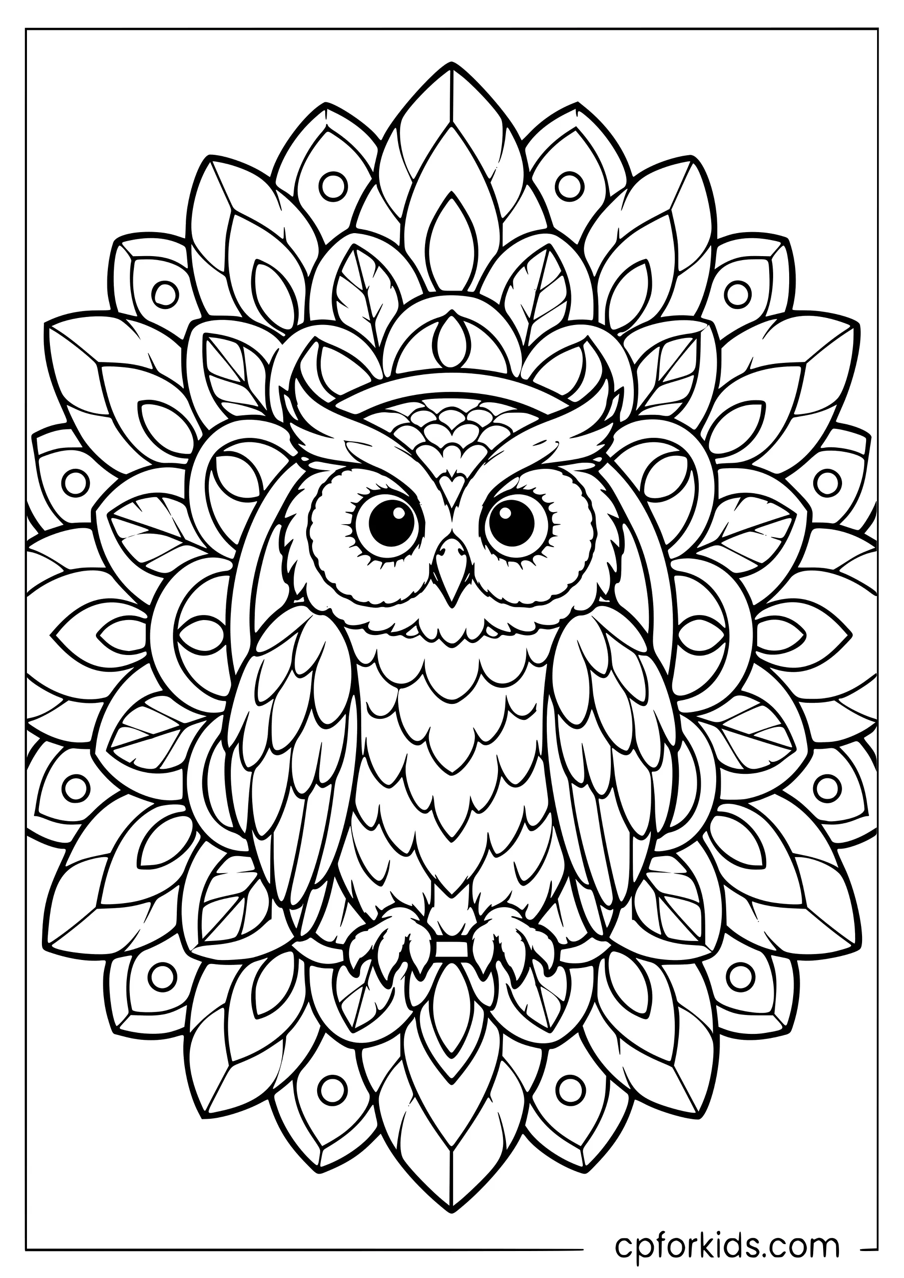 Front-facing owl surrounded by symmetrical feather patterns