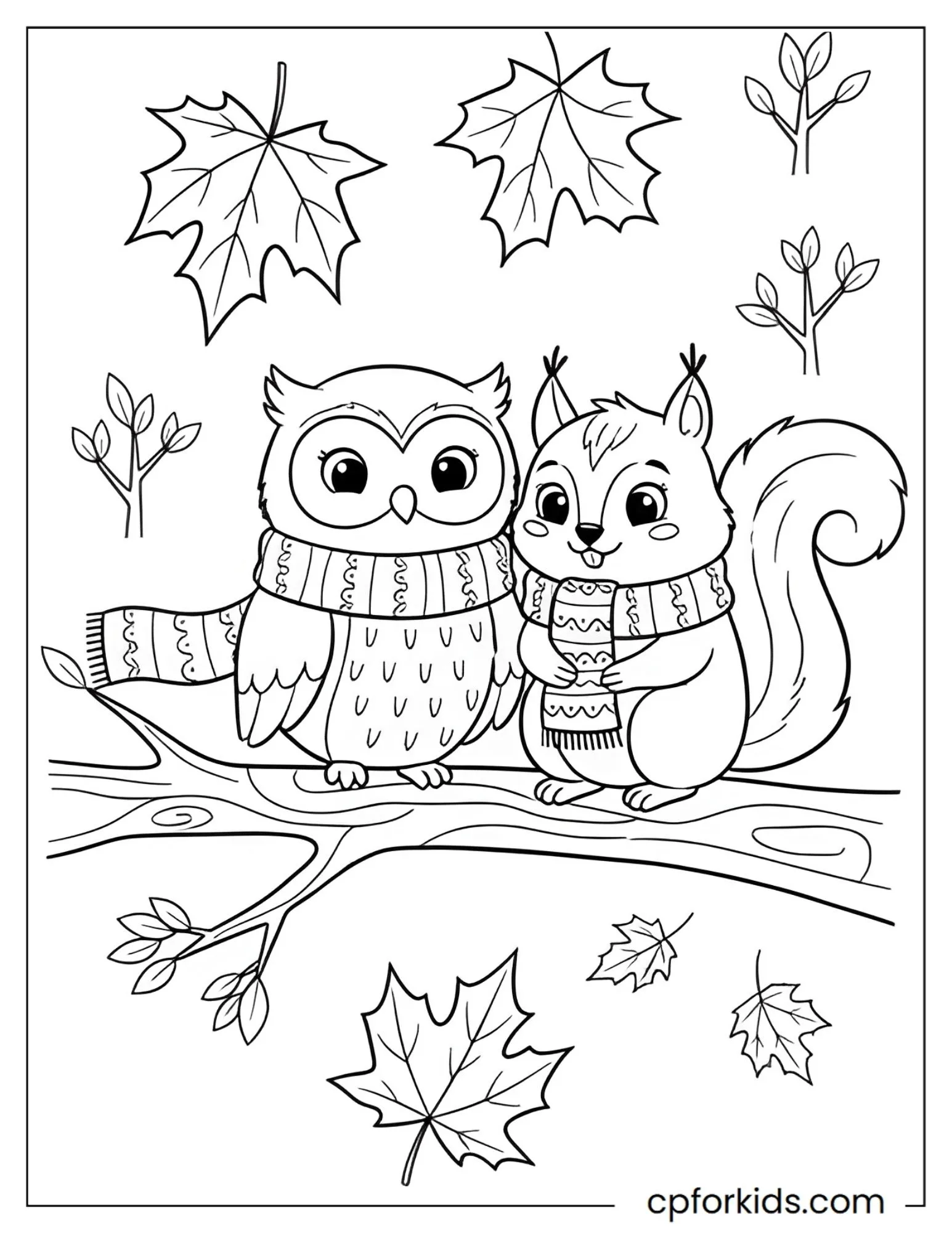 Owl and squirrel sharing a scarf on a branch