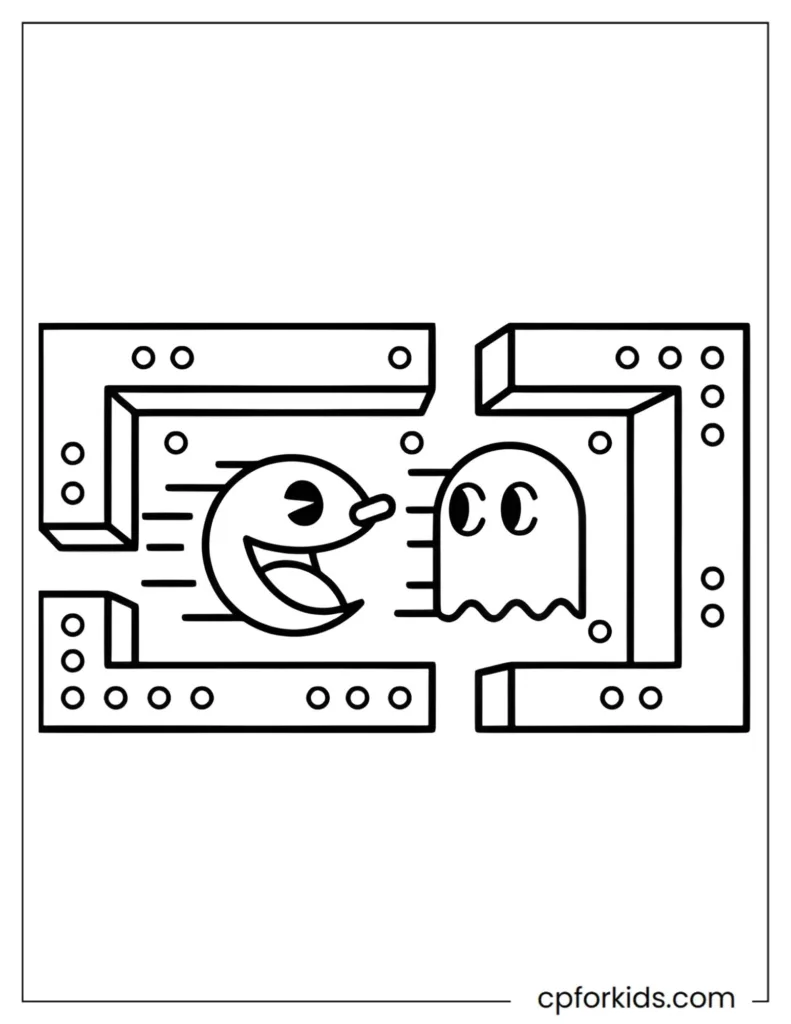 Pac-Man & Ghost Coloring Pages Pac-Man coloring page of the classic hero and ghosts, black and white retro game art.