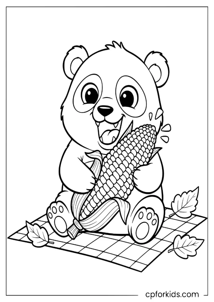 Panda eating a corn cob at a picnic, November theme coloring printable.