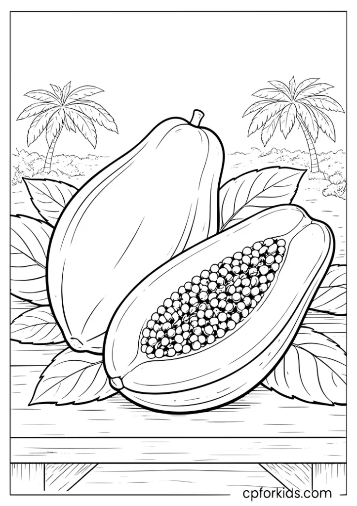 Papaya whole and cut open coloring page for kids
