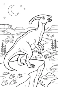 Parasaurolophus calling across a prehistoric valley online coloring page
