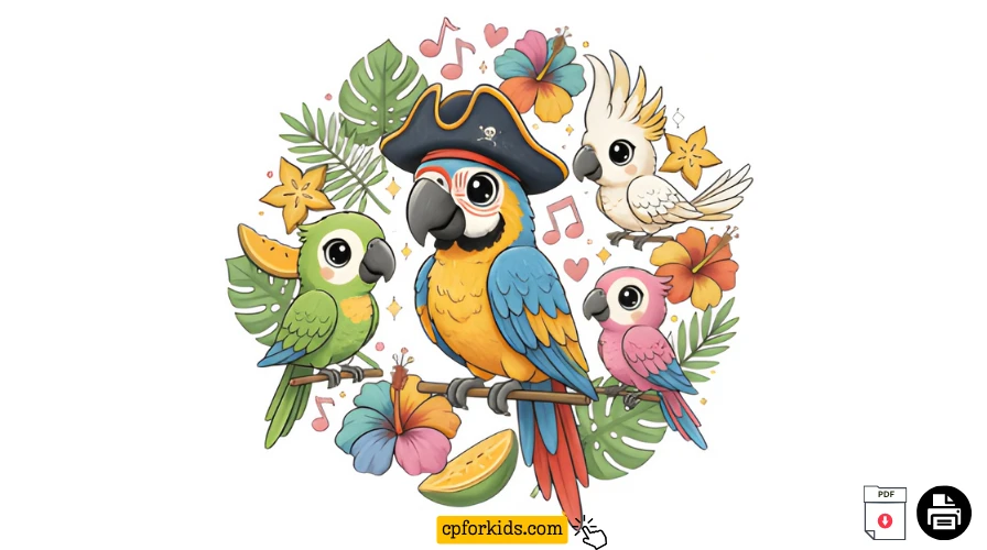 Free printable parrot coloring pages featuring 11 tropical bird species for kids and adults.