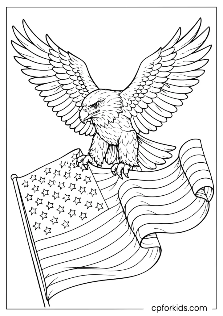 Patriotic American eagle holding the US flag coloring page
