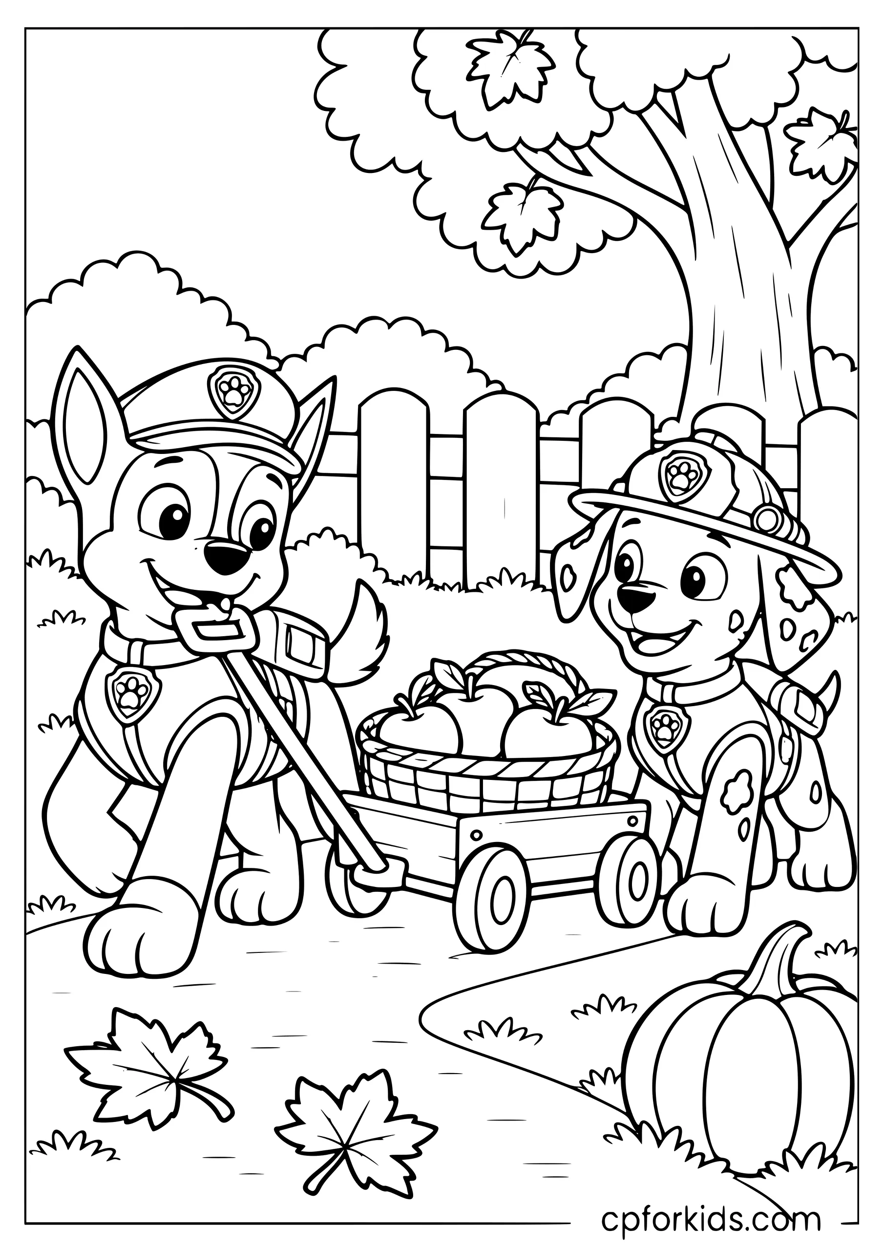 Chase and Marshall pulling a small autumn harvest wagon