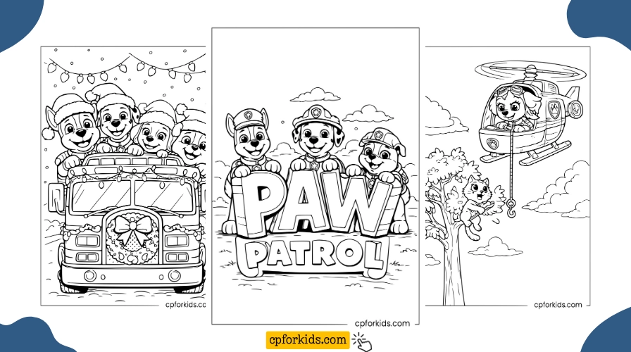 Free printable Paw Patrol coloring pages — Christmas truck, PAW Patrol logo, and Skye helicopter rescue