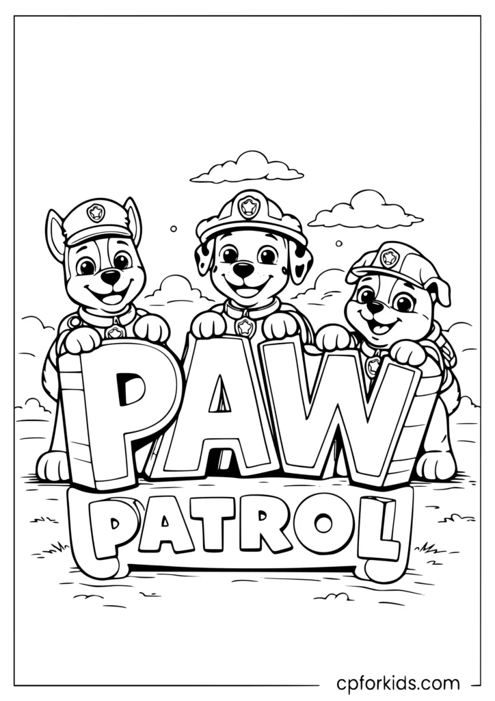 Chase, Marshall and Rubble leaning on big block letters spelling PAW PATROL