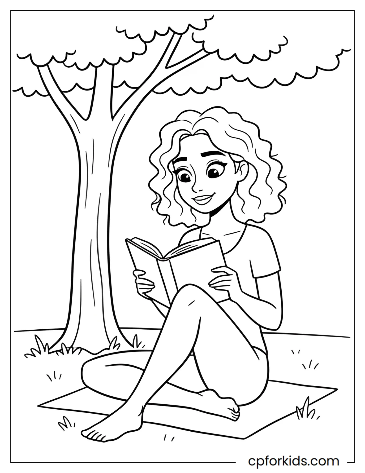 Curly hair girl reading under a tree in a park
