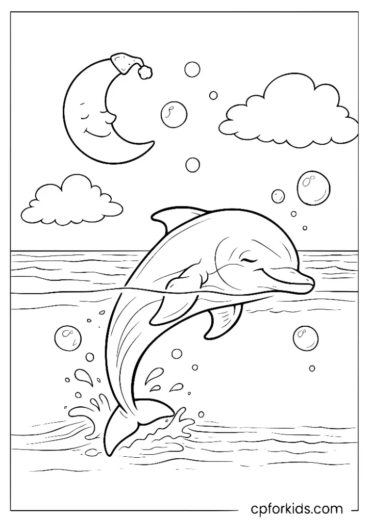 Sleeping dolphin under a crescent moon