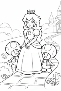 Princess Peach standing with two cheerful Toads