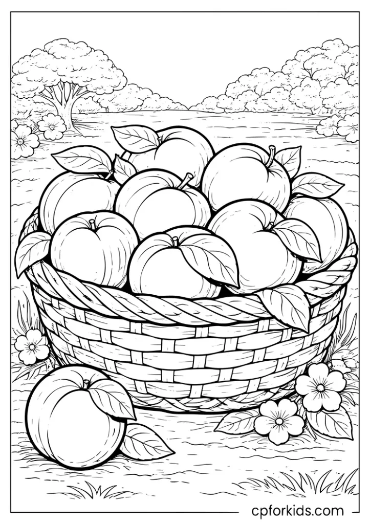 Peaches in a garden basket coloring page