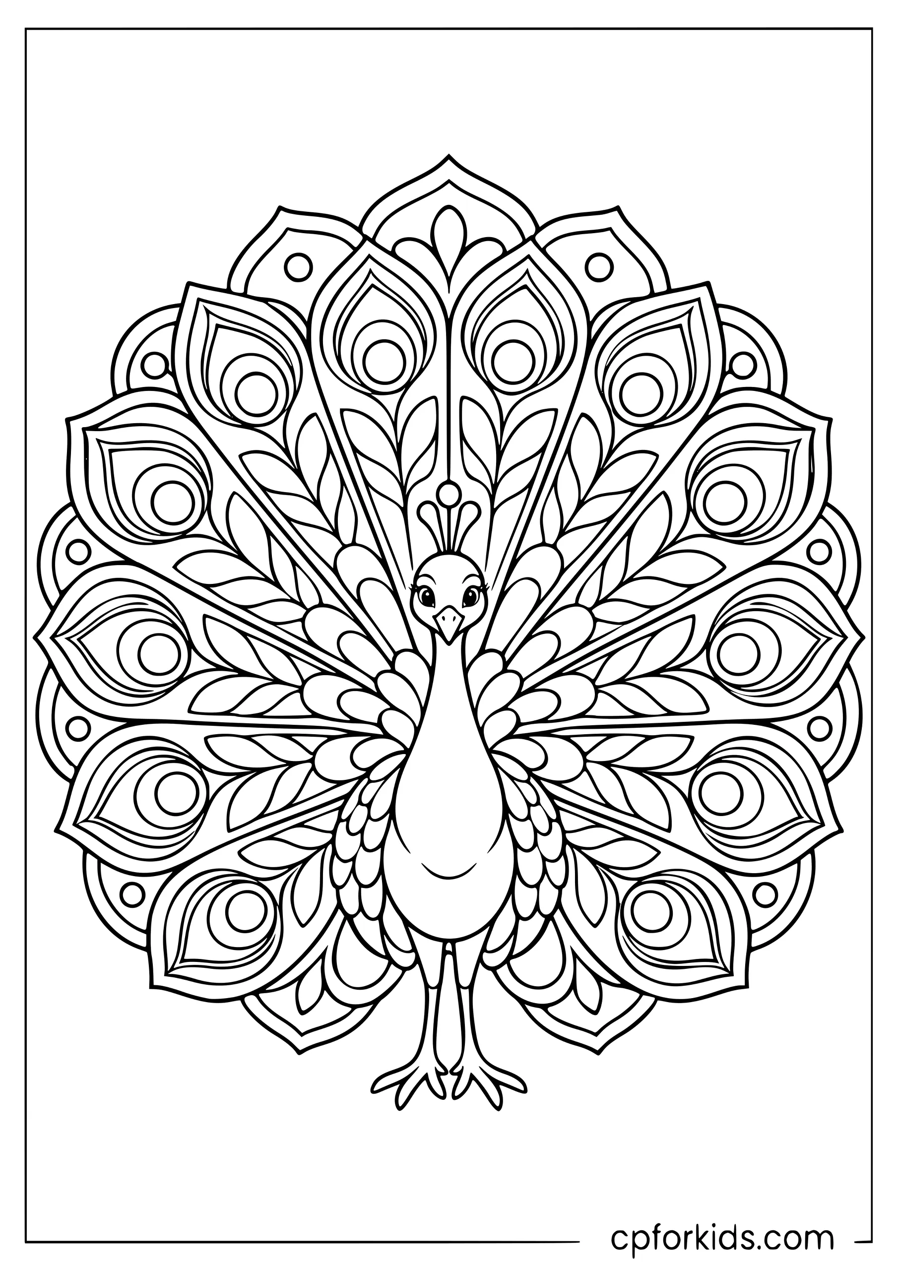 Front-facing peacock with twelve patterned tail feathers