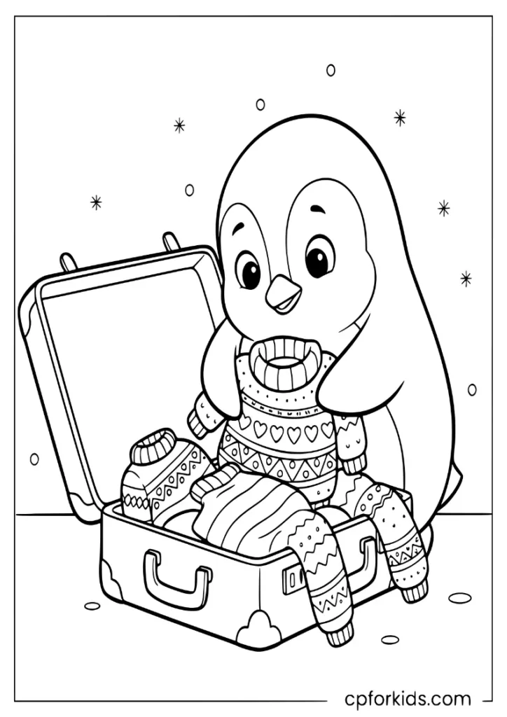 Penguin packing sweaters for winter, November prep coloring activity.