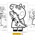Free printable Peppa Pig coloring pages — George in dinosaur costume, George with Mr Dinosaur, and Peppa the fairy