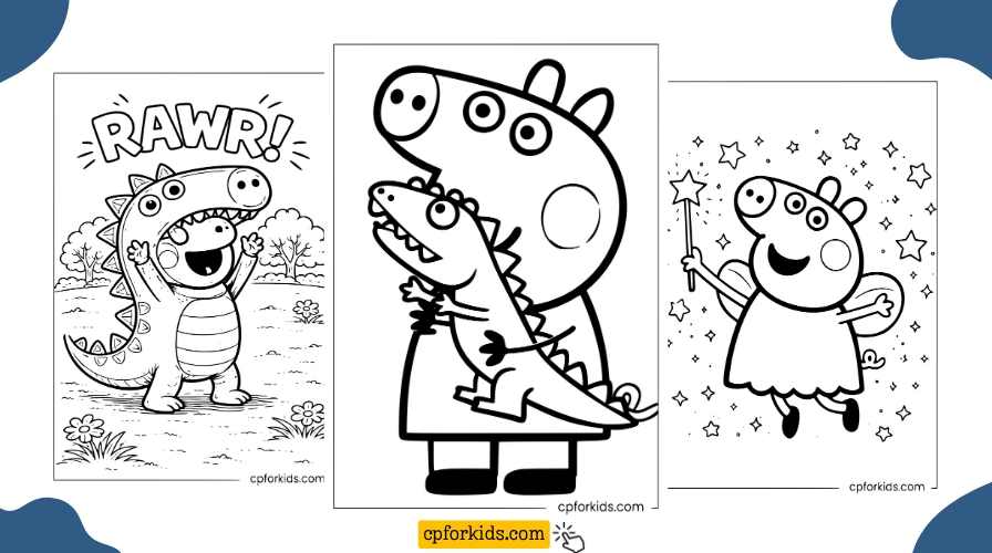 Free printable Peppa Pig coloring pages — George in dinosaur costume, George with Mr Dinosaur, and Peppa the fairy