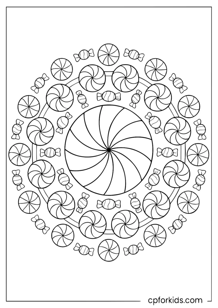 Intricate peppermint swirl mandala for relaxing candy pattern coloring