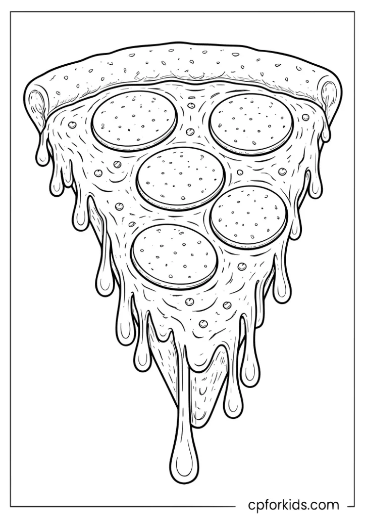Pepperoni pizza slice with heavy melting cheese drips coloring page