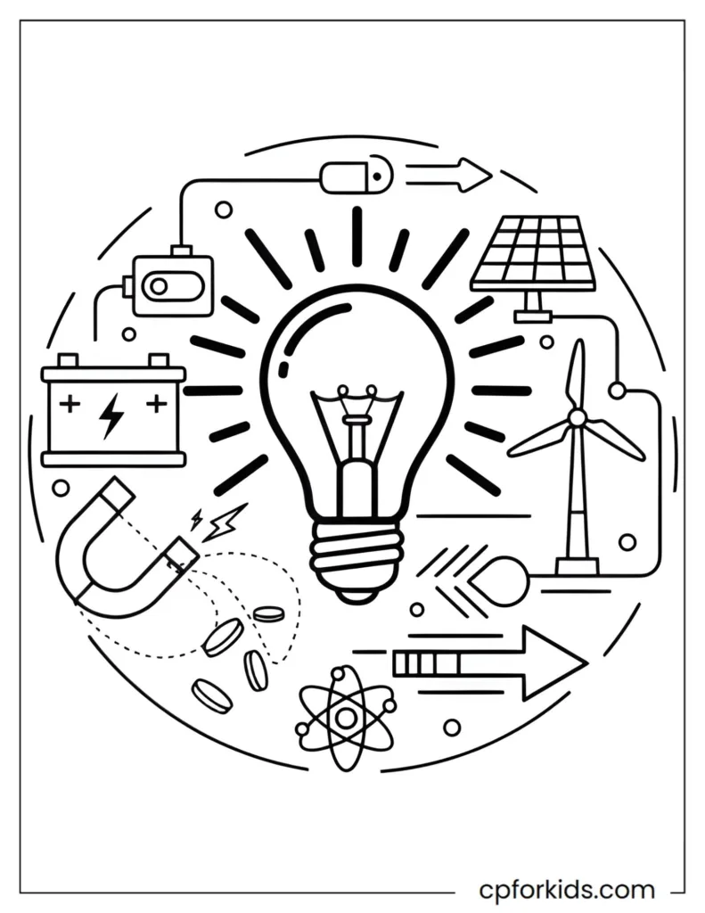 Physics and energy coloring page featuring a light bulb, battery, and basic science symbols.
