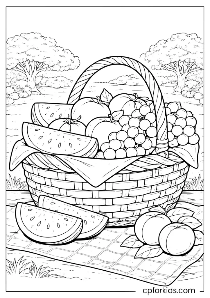 Picnic basket with summer fruit coloring page
