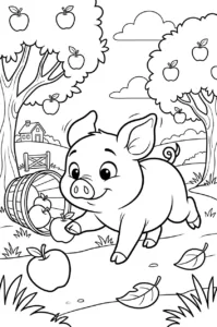 Playful piglet chasing runaway apples in an orchard