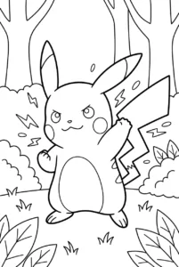 Pikachu charging electricity with lightning sparks in a forest clearing