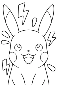 Close-up Pikachu face with large ears and lightning doodles