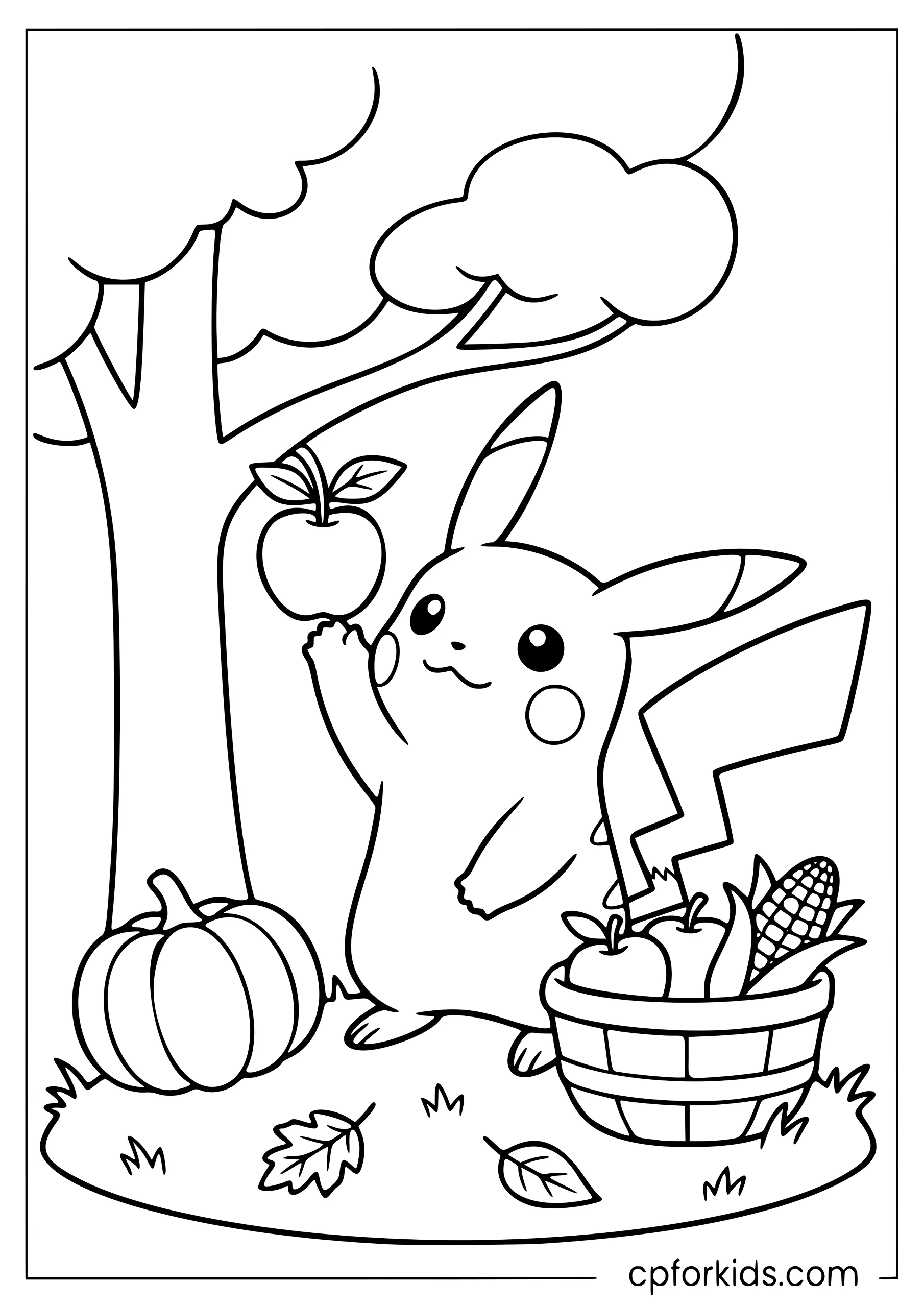 Pikachu reaching for an apple beside a harvest basket