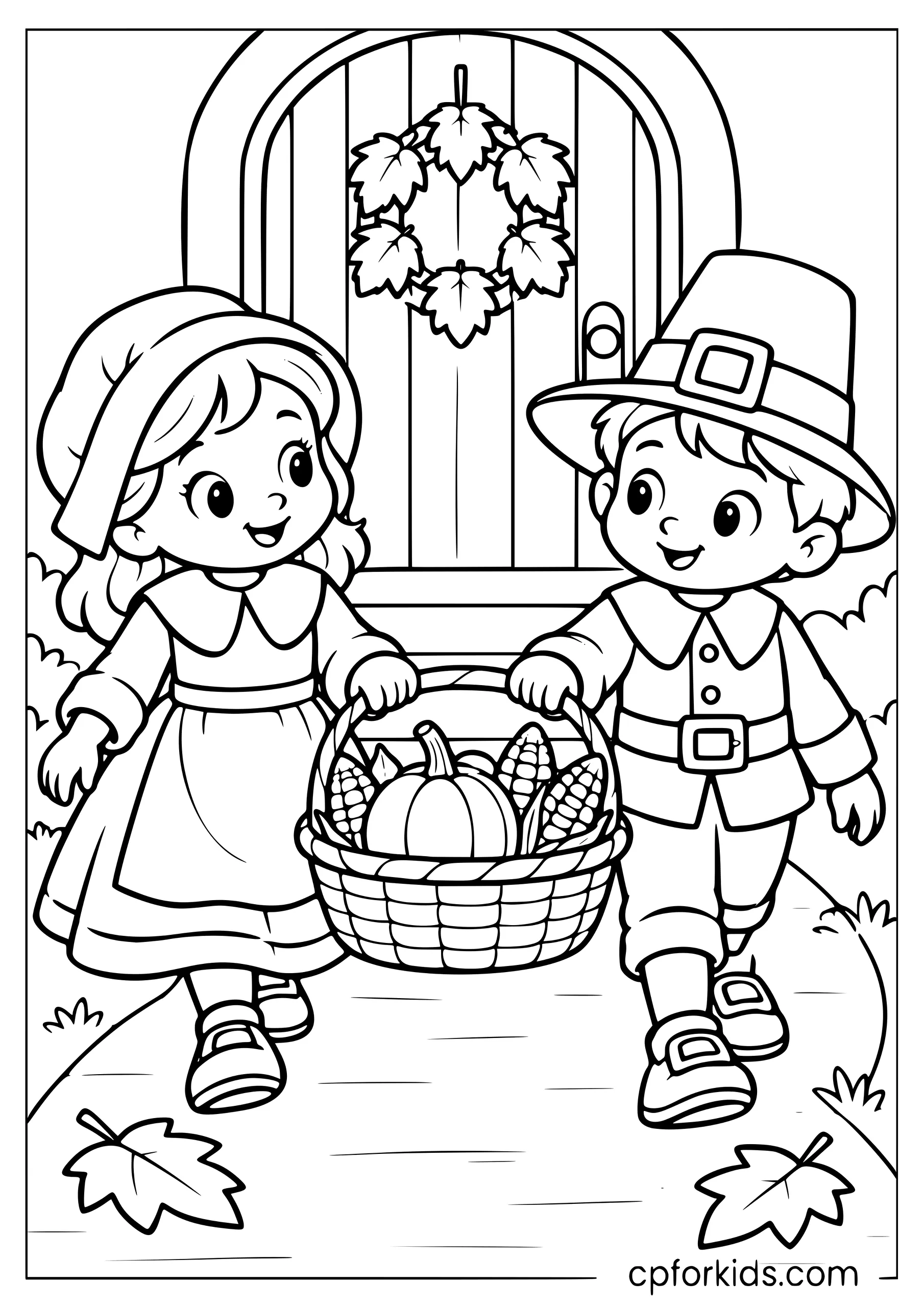 Pilgrim-costumed children carrying a basket toward a cottage doorway
