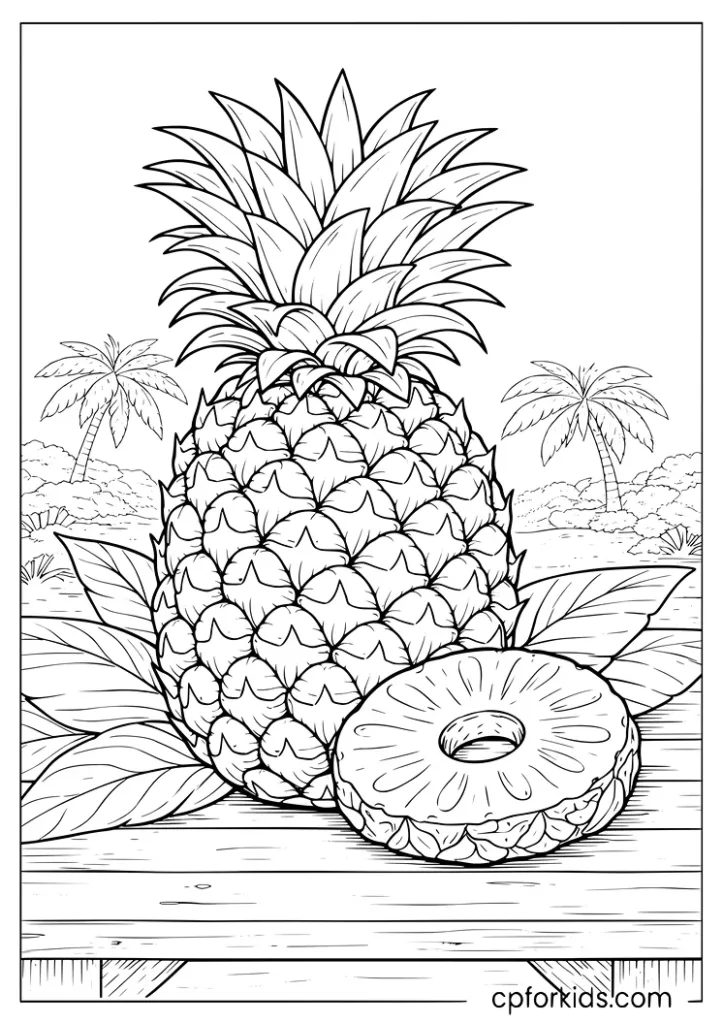 Pineapple on a tropical table coloring page