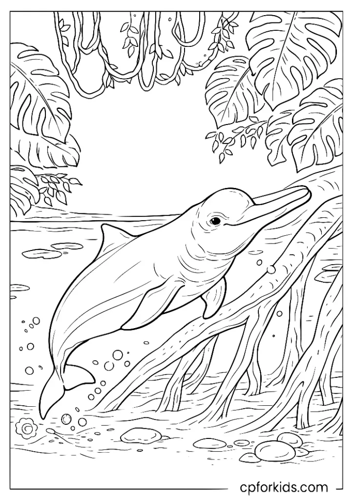 Pink Amazon River Dolphin Swimming Among Jungle Roots