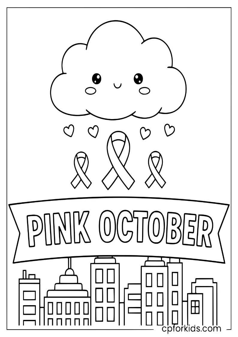 A cloud raining pink ribbons and hearts for Pink October awareness