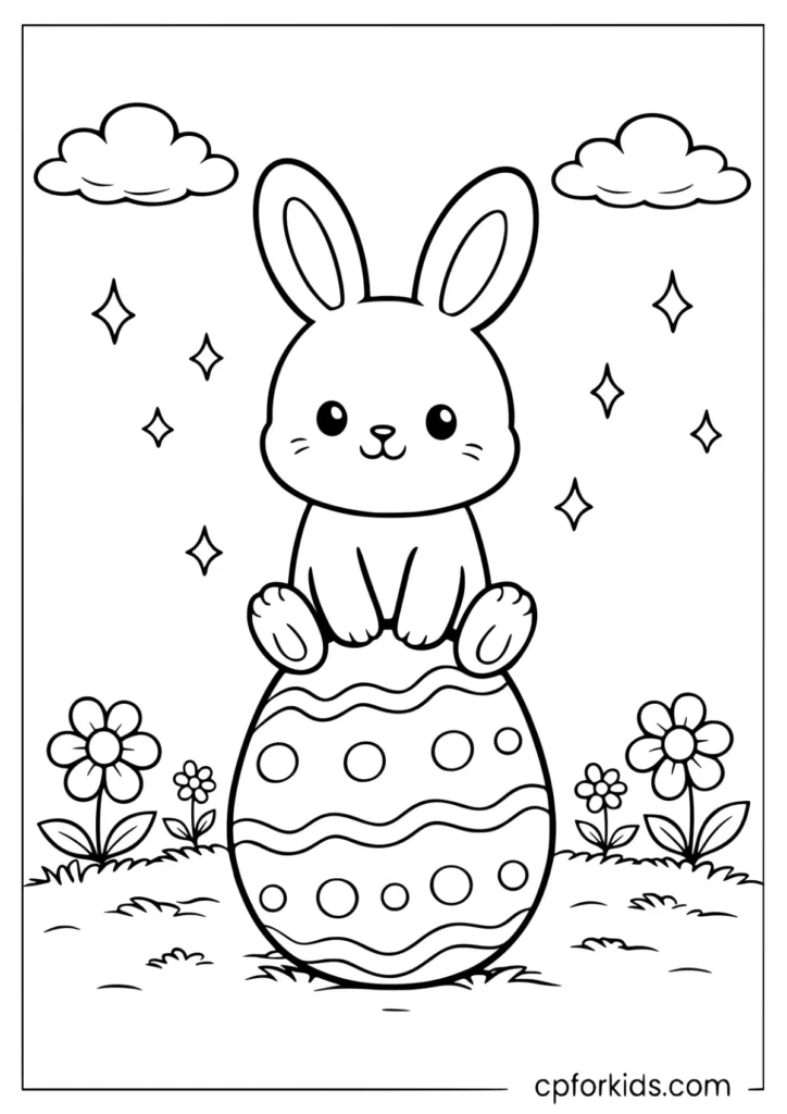 Bunny sitting on a giant egg, bunny coloring page printable