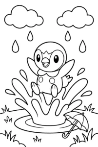 Piplup splashing in a rainy puddle to color online